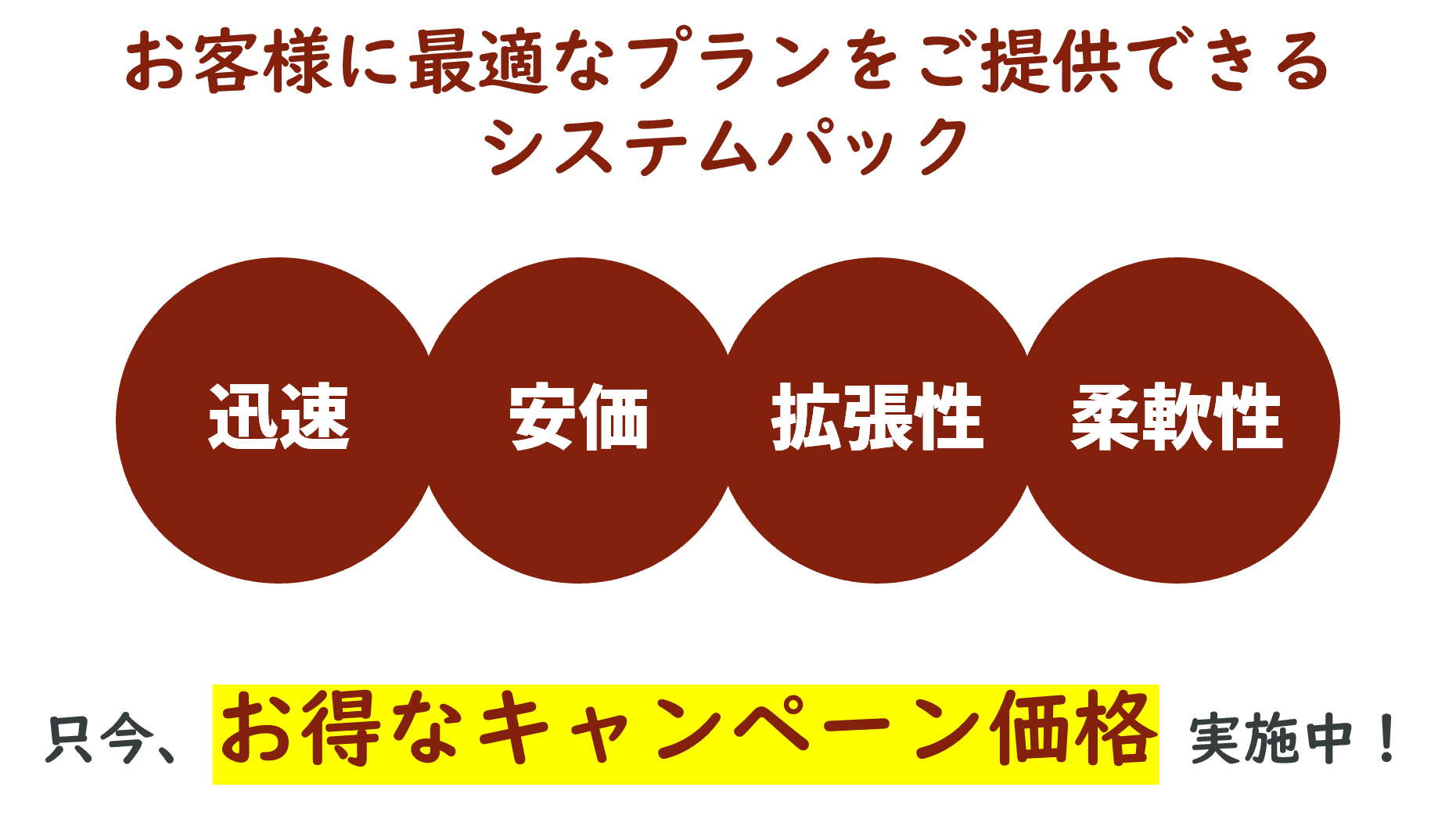 迅速・安価・拡張性・柔軟性が特徴のシステムパックを、只今お得なキャンペーン価格でご提供中。